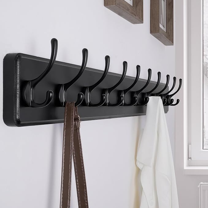 SKOLOO Large Black Wall Mounted Coat Rack - 38.6'' Long Coat Rack for Wall, Pine Solid Wood Coat Hook Hanger - 10 Hooks for Hanging Clothes Backpack Coats - Image 3