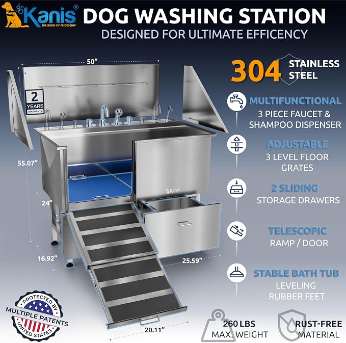 KANIS Professional Dog Washing Station 304 Stainless Steel Pet Wash Sink | Grooming Bathtub w/Shower, Floor Grates and Storage for Large, Medium & Small Pets - Image 2