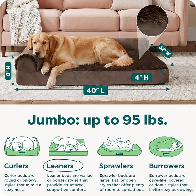 FurHaven Orthopedic Dog Bed for Large Dogs, L-Shaped Chaise Mattress, Egg Crate with a Solid Orthopedic Foam Base for Joint Support, Removable Washable Cover, Jumbo XL, Plush & Velvet, Sable Brown - Image 3