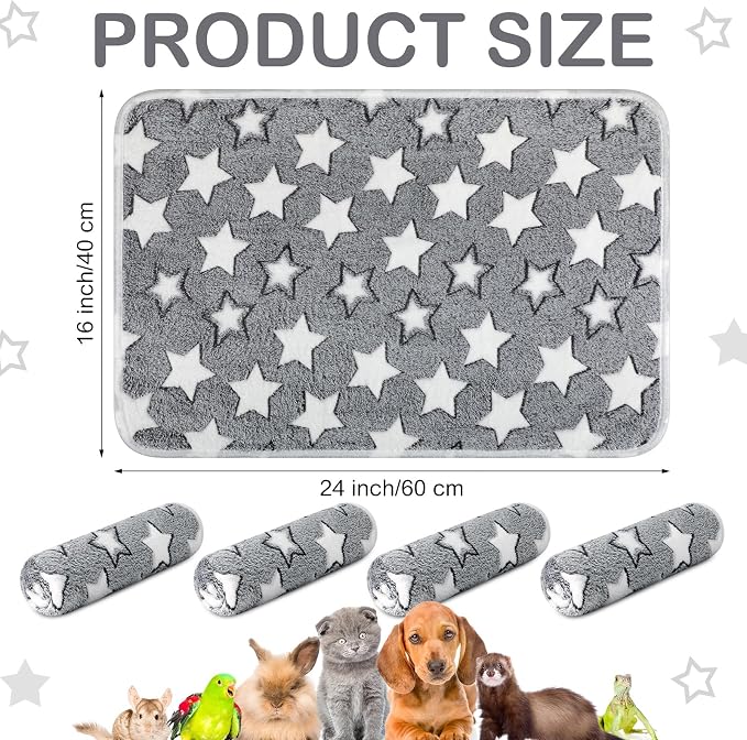 Reginary 4 Pcs Waterproof Guinea Pig Blankets Washable Small Animal Fleece Bedding Absorbent Guinea Pig Cage Liners Reusable Training Pee Pad Pet Sleep Mat for Hamster(Gray Star,24 x 16 Inch) - Image 2