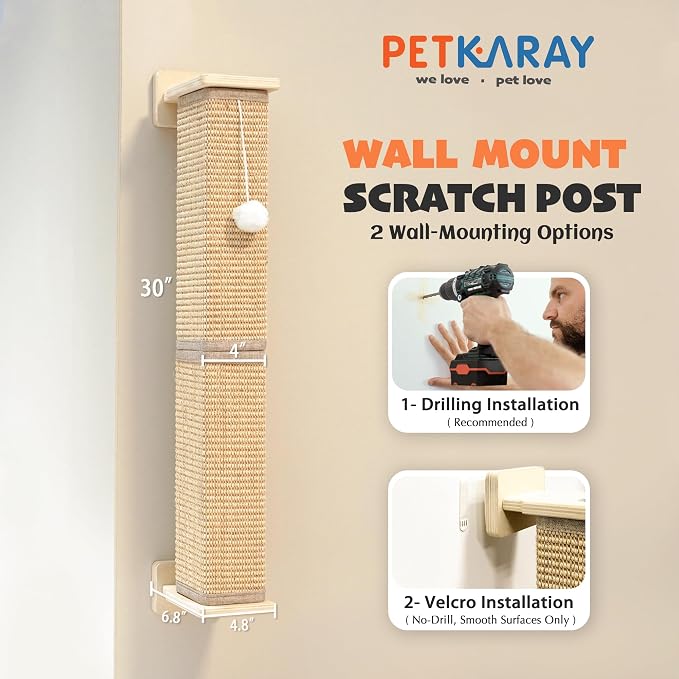 PETKARAY Wall Mounted Cat Scratcher, 30" Large Sisal Cat Scratcher for Wall, Square Sisal Cat Scratching Post with Toy Ball - Image 5
