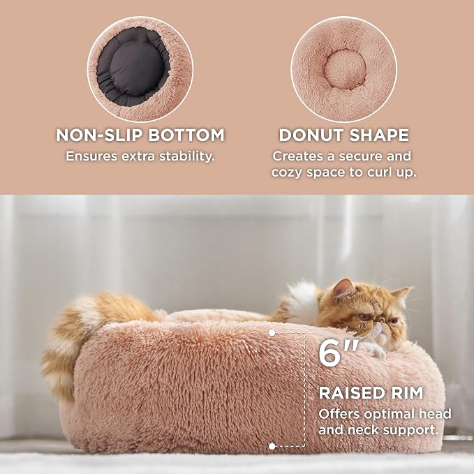 Bedsure Calming Cat Beds Donut Round Washable Kitten Bed,20 inches Pink | Fluffy Faux Fur Cuddler,Machine Washable,Anti-Slip Bottom,Anti-Anxiety,Deep Sleeping for Cats&Small Pets Up to 15 Lbs - Image 2