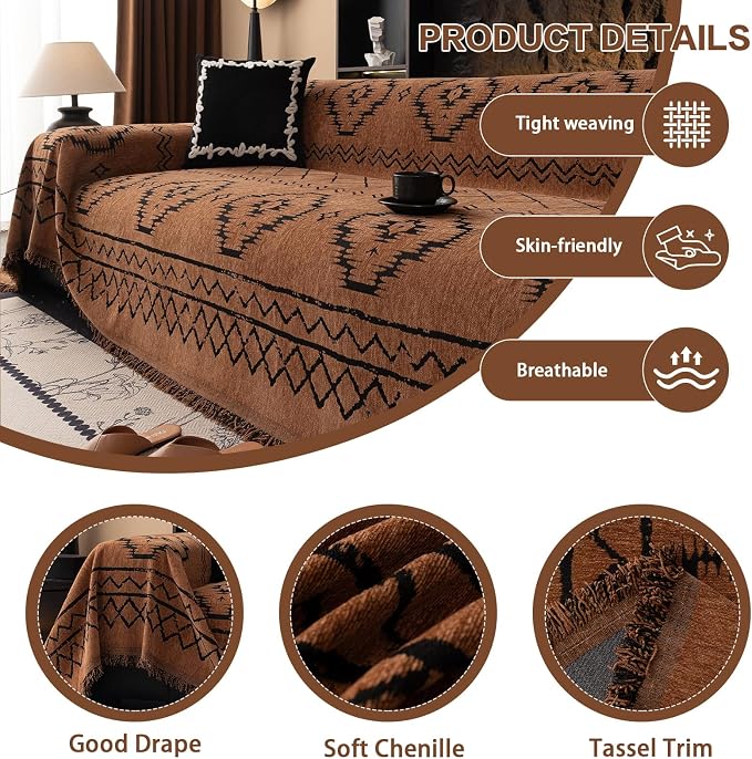 DREAMINGO Boho Couch Cover Sofa Covers for 3 Cushion Couch Jacquard Chenille Couch Cover Blanket Living Room Pet Furniture Protector Sectional Couch Covers for Dogs Washable, Brown, 71"x150" - Image 3