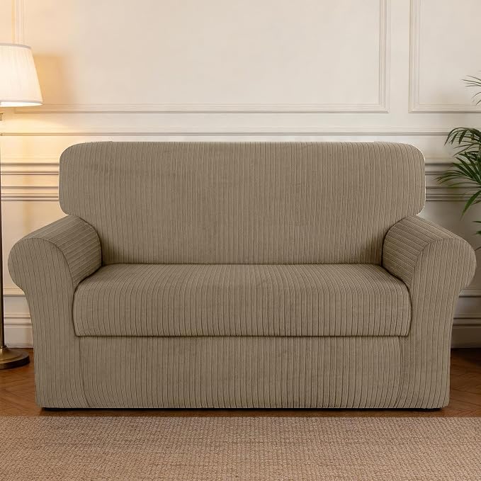 Loveseat Cover Stretching Skid Resistance Couch Cover for Pets Washable, Thick and Durable Soft High Spandex Striped Pattern Sofa Covers, Form Fitted Love Seat Slipcover(Loveseat, Khaki) - Image 7