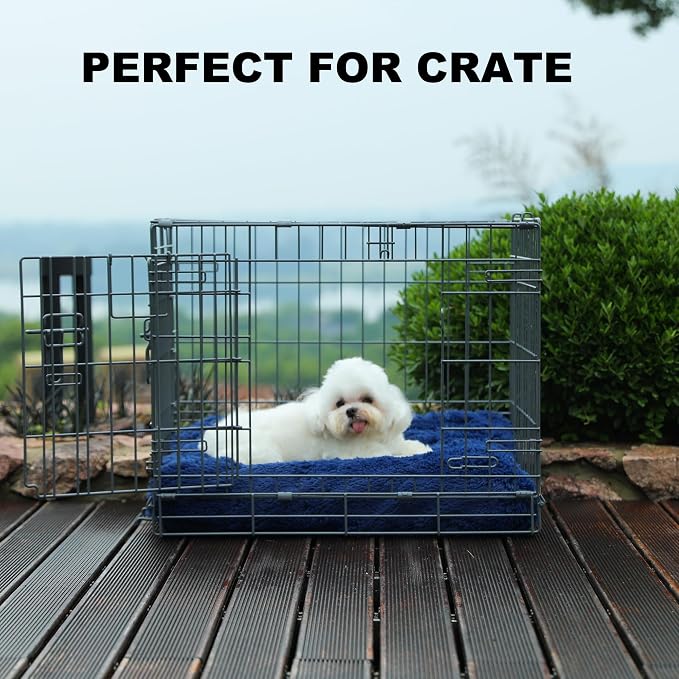 Bedfolks Waterproof Crate Bed, Plush Dog & Cat Kennel Pad with Removable Cover, Fluffy Washable Faux Fur Bed, 17"x12", Solid Dark Blue - Image 3