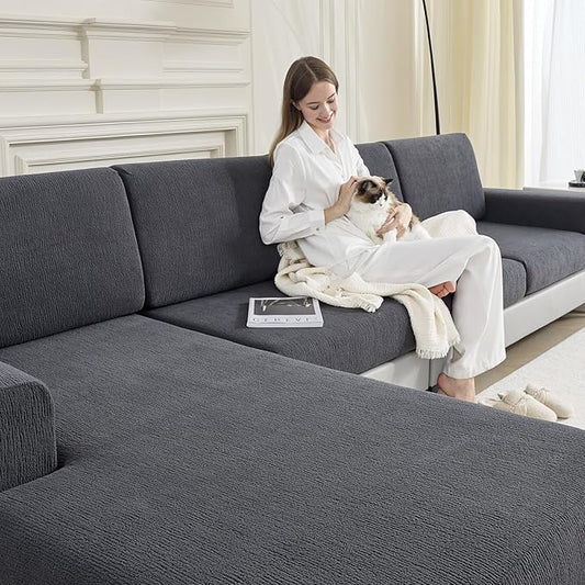 Couch Cushion Covers Chaise Couch Cover Stretch Sectional Sofa Slipcover Washable Wear-Resistant Furniture Protector(Dark Grey,1 Piece for Chaise or Sofa 3-Seater) by Jialudora