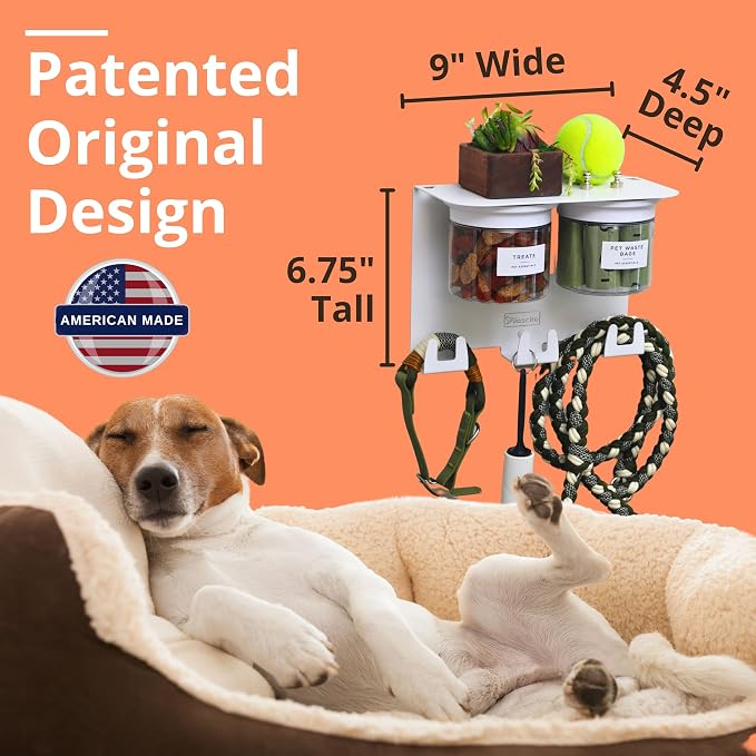 Dog Treat Holder For Wall Storage For Pets, Premium Pet Wall Organizer, Includes Two 16oz Airtight Dog Treat Jars, 3 Sets of Triple Hooks, Sturdy Shelf in Designer White - Image 2