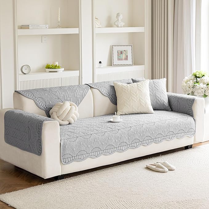 Cotton Quilted Pet Couch Covers for Sofa Farmhouse Rustic Floral Embroidery Sectional Couch Cover Soft Anti-Slip Sofa Slipcover Furniture Protector for Kids, Dogs, Pets (Grey,28"x70") - Image 4