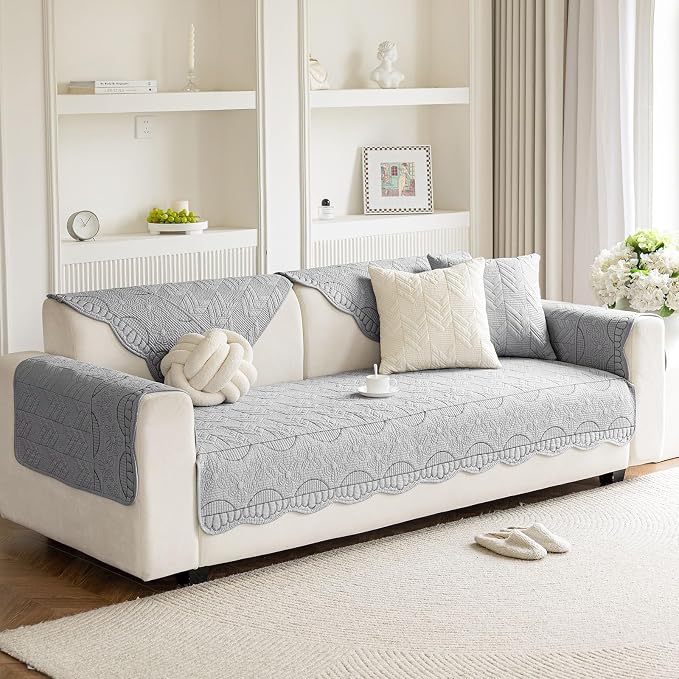 Cotton Quilted Pet Couch Covers for Sofa Farmhouse Rustic Floral Embroidery Sectional Couch Cover Soft Anti-Slip Sofa Slipcover Furniture Protector for Kids, Dogs, Pets (Grey,28"x82") - Image 4