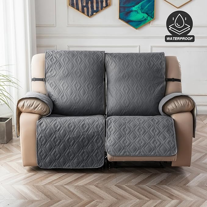 Genina Loveseat Recliner Cover Non-Slip, Sofa Cover for Reclining Couch 2 Seat, Loveseat Covers Double Recliner Furniture Protector Cover with Elastic Straps for Pets (Dark Gray, Recliner Loveseat) - Image 8