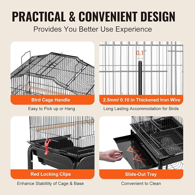 VEVOR 64-inch Open Top Large Parrot Bird Cage with Detachable Rolling Stand for Parakeets Finches Canaries Lovebirds Cockatiels Budgies Small Quaker Conures Flight Birdcage with Swing and Perch - Image 6