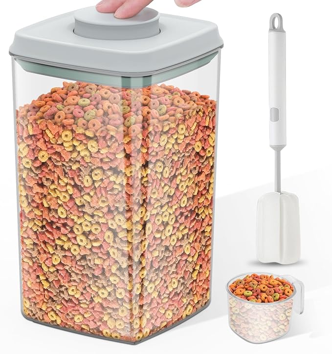 LEAWALK 4.2Qt Airtight Dog Cat Food Storage Container and Dog Treat Containers BPA-Free, PET Clear Stackable Pet Storage Bin, 1 Cup Scoop, 1 Sponge cleaning brush, Pop Top, With handle -1Pack by LEAWALK