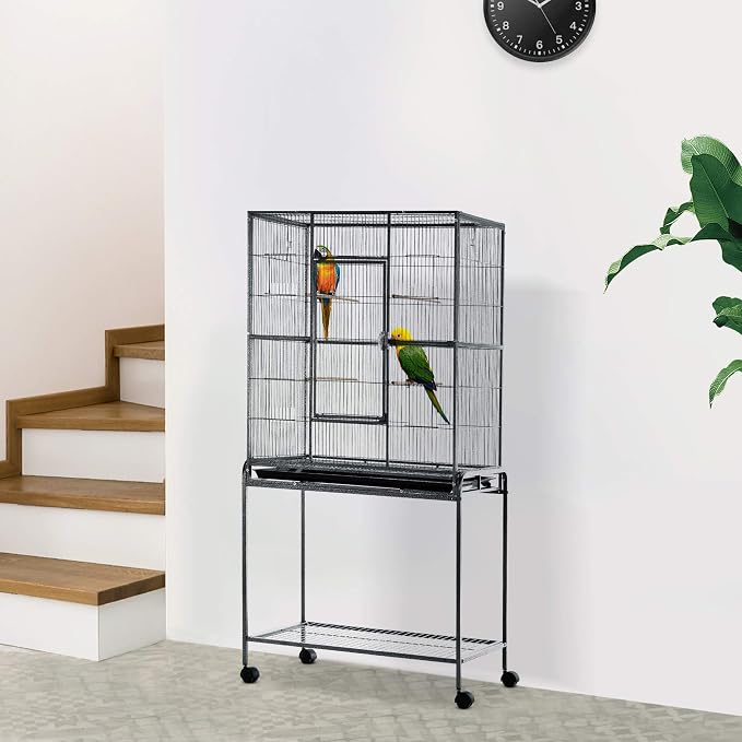 PawHut 30" Rolling Metal Bird Cage Feeder with Detachable Rolling Stand, Storage Shelf, Wood Perch & Food Container | Storage Shelf, Wood Perch, Food Container - Image 2