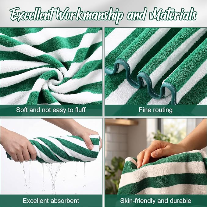 SmoothNovelty 8 Pack Microfiber Bath Towels Bulk 27'' x 60'' Oversized Bath Towel Highly Absorbent Extra Large Shower Sheets Soft Drying for Beach Pool Bathroom Salon Party(Wide Stripe,Green) - Image 3