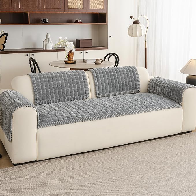 Couch Covers for Sofa Washable, Non Slip Couch Covers for Dogs, Soft Plush Pet Friendly Dog Couch Cover, Plaid Couch Protector for Dogs, Pet Couch Cover for Single Seat(Light Grey,28"×28",1PC) - Image 2