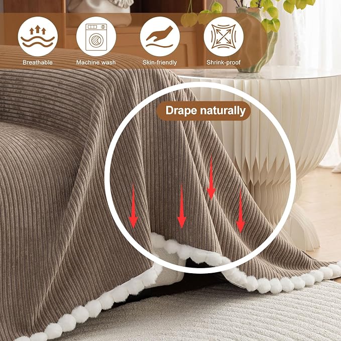 ROOMLIFE Boho Couch Covers for Sofa Washable for 3 Cushion Couch, Chenille | Furniture Protector Sofa Couch Cover for Dogs, Soft Breathable Sofa Slipcover, Couch Throw Blankets with Tassels 71''X134'' - Image 2
