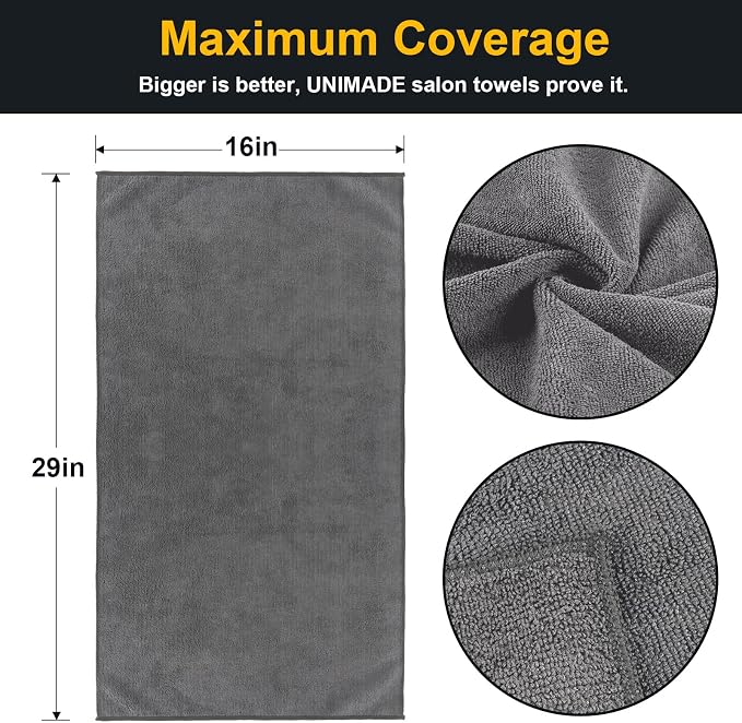 UNIMADE Salon Towels 48 Pack, Super Soft Microfiber Gym Towels | Highly Absorbent Hair-Drying Cloth for Gym, Bath, Spa Use and Home Beauty Care - Grey (16x29 inch) - Image 2