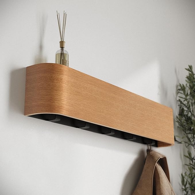 Kazai. Wall-Mounted Coat Rack 'Toke' - Modern Design Coat Rack with Hidden Wall Hooks - Solid Wood Veneer Panel Coat Hanger - Oak - Image 7