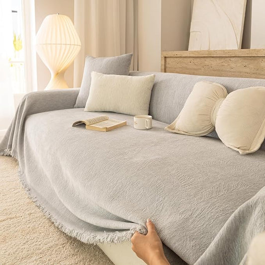 Gray Boho Couch Covers for Sofa Washable for 2 Cushion Couch,71''X118'' | Chenille Furniture Protector Sofa Couch Cover for Dogs, Soft Breathable Sofa Slipcover, Couch Throw Blankets with Tassels by ROOMLIFE