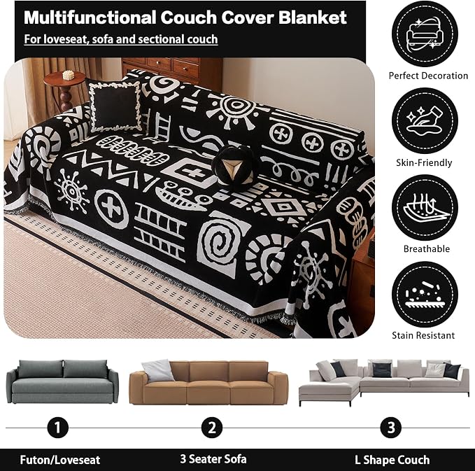 DREAMINGO Black Japandi Couch Cover Boho Tribal Jacquard Sofa Covers for 2 Cushion Couch Thick Soft Chenille Living Room Furniture Loveseat Sectional Sofa Slipcovers Washable, Large 71"x118" - Image 3
