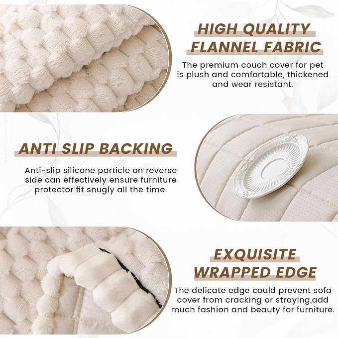 Couch Cover for Dog, Anti Slip Sofa Cover for Sectional, Cream, 27.6 x 70.9 | Soft Thick Couch Covers for 3 Cushion Couch Sofa Pet Friendly, Scratch Resistant Sofa Cover Washable Dog Furniture Protector - Image 3