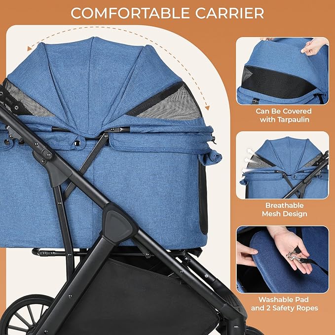 MAMIZO Foldable Dog Stroller for Medium Dogs Cats Up to 55 Lbs, Adjustable Height Handle, Pet Stroller with Aluminum and Carbon Steel Frame, Sun Shades, Storage Basket & Shock Absorbers, All-Terrain