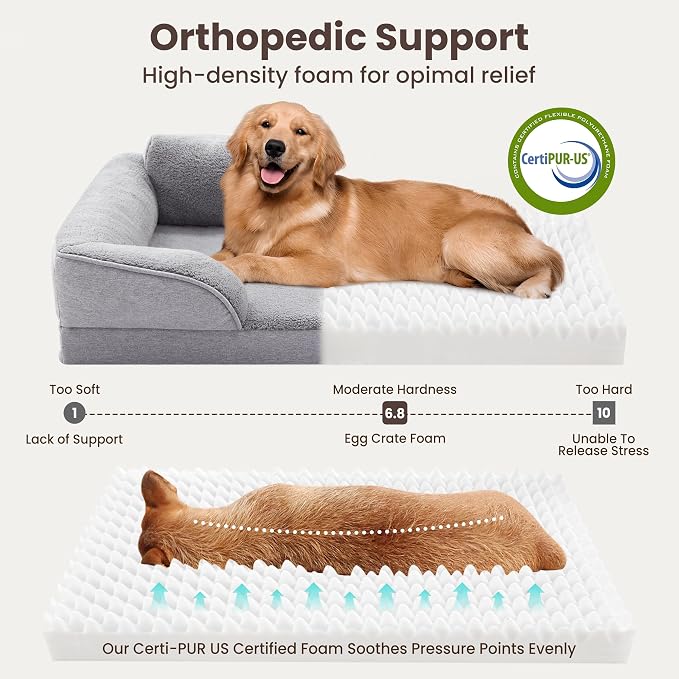 Orthopedic Dog Beds for Medium Size Dogs, Waterproof Egg-Crate Foam Pet Couch Bed with Soft Sides, Non-Slip Dog Sofa with Fleece Removable Washable Cover, 28"L Supportive Pet Sofa, Light Grey - Image 2