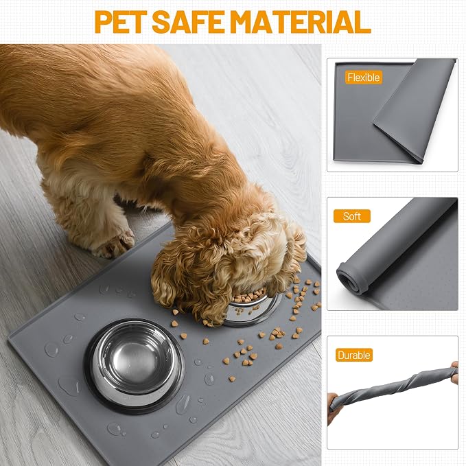 Hubulk Dog Feeding Mat,100% Waterproof Food Grade Silicone Pet Food and Water Bowl Placemat,Dishwasher, High Raised Edge to Prevent Spills,Nonslip Tray to Stop Messes on Floor（28"x18"x0.8", Grey） - Image 5