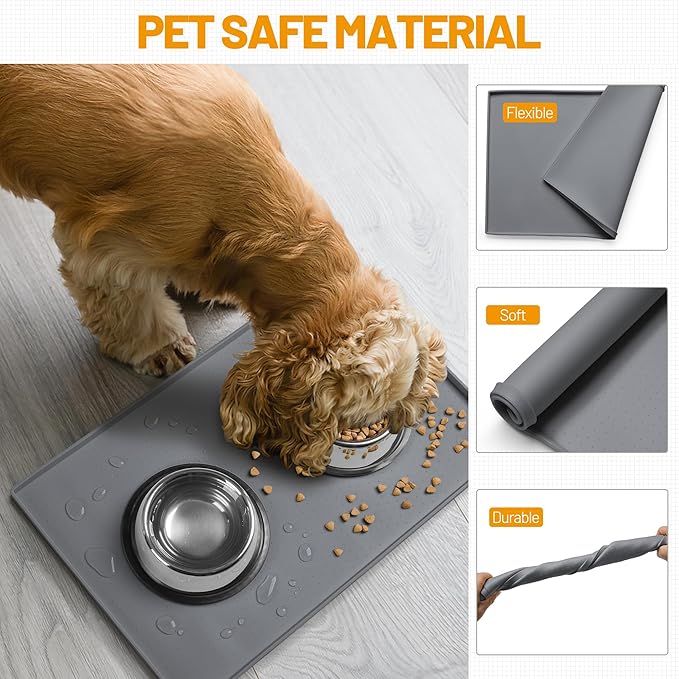 Hubulk Dog Feeding Mat,100% Waterproof Food Grade Silicone Pet Food and Water Bowl Placemat,Dishwasher, High Raised Edge to Prevent Spills,Nonslip Tray to Stop Messes on Floor (24"x16"x0.5", Grey) - Image 5