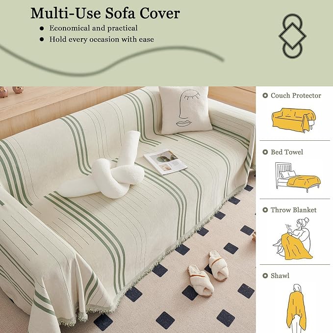 DREAMINGO Couch Cover Washable Chenille Sofa Protector for Pet Kids Beige Green Loveseat Couch Covers for 2 Cushion Couch Stripe Jacquard Versatile Sofa Throw Slipcover for Futon Couch, 71"x102" - Image 6