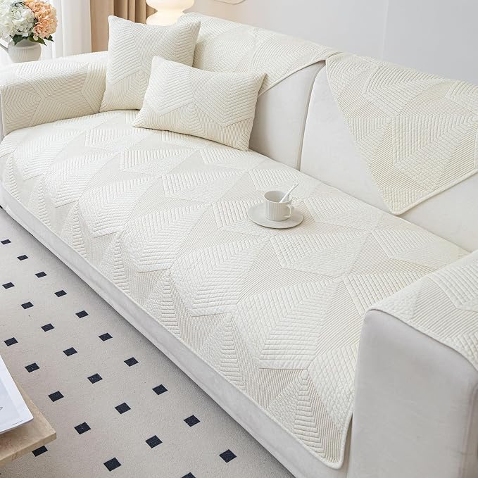 vctops Cotton Quilted Couch Covers for Sectional Sofa (Cream,43"x70") | Geometric Washable Non Slip Sofa Slipcover for Dogs, Children, Pets Furniture Protector Cover - Image 5