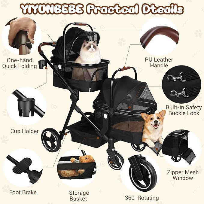 Foldable Double Pet Stroller for 2 Small Medium Cats Dogs, Lightweight Single and Double Integrated Pet Stroller with Detachable Carriers