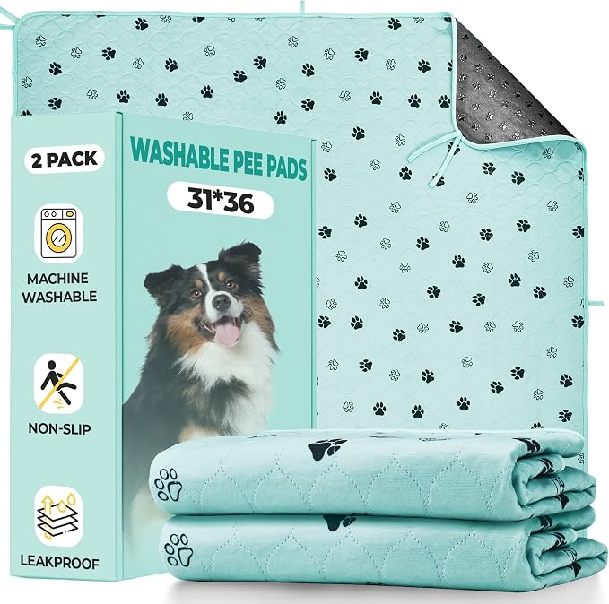 Fostanfly Washable Dog Pee Pads, Ultra-Absorbent, 31"x36"-2 Pack, Green | Leak-Proof, Waterproof, Non-Slip, Large Reusable Pee Pads for Puppy Potty Training, Crate and Playpen with 8 Tie Straps by HOME