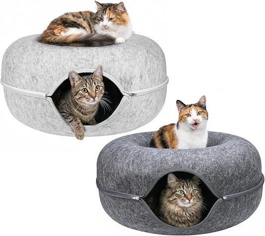 Cat Tunnel Bed for Heavy Big Cats up to 45 lbs - 24" Donut Cat Bed for Multi-Cat Home - Premium Detachable Zipper Felt Anti-Scratch Cat Cave Bed - Roomy Non-Collapsing Cat Hideaway & Peekaboo Toy by Unknown