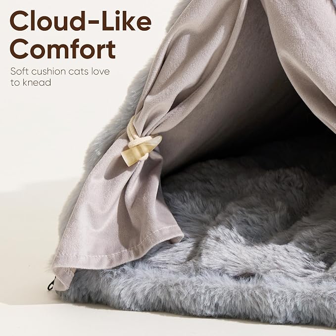 FUKUMARU Cat Cave Bed, Sturdy Frame Washable Cat Tent Bed with Curtain | Semi-Enclosed Cat Hideaway for Anxious Cats, Large Cozy Cat House for Indoor Cats, Soft Plush Covered Dog Bed, Grey - Image 4