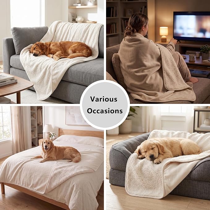 Waterproof Blanket for Dogs - Pet Throw as Furniture Protector | Cozy Sherpa & Smooth Velvet, Reversible and Machine Washable, for Couch and Bed, 30"x40", Beige - Image 6