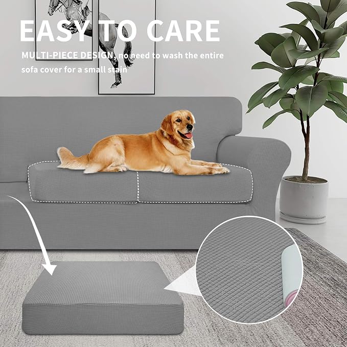 Easy-Going 2 Pieces Stretch Couch Cover Sofa Cover for Dogs Washable Sofa Slipcover for Separate Cushion Couch Spandex Jacquard Fabric Elastic Furniture Protector for Pets, Kids (Light Gray, Chair) - Image 3