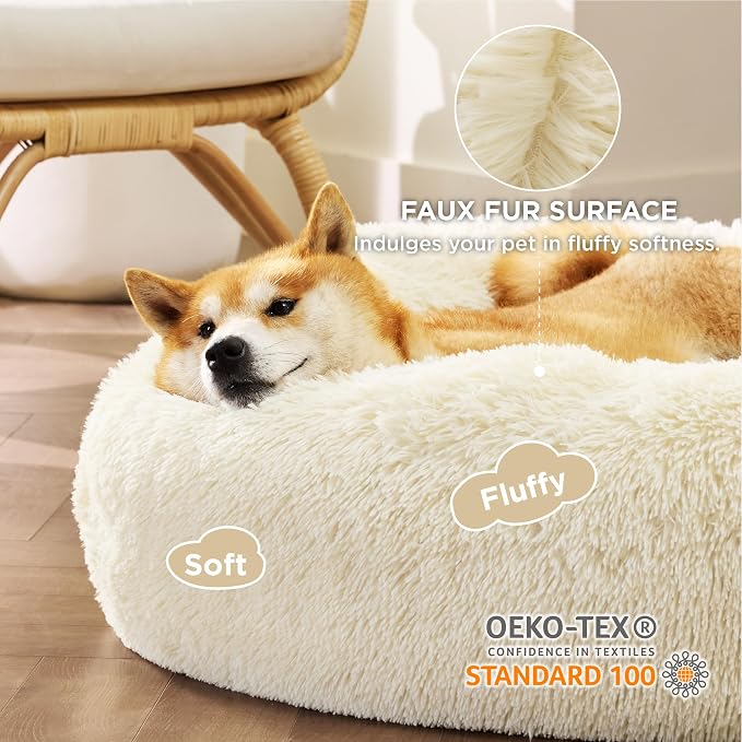 Bedsure Calming Dog Bed Medium Size Dog Donut Washable Pet Bed,30ins | Fluffy Faux Fur Round Cuddler,Machine Washable,Anti-Slip Bottom,Anti-Anxiety,Deep Sleeping for Pets Up to 45 Lbs,Ivory Beige - Image 2