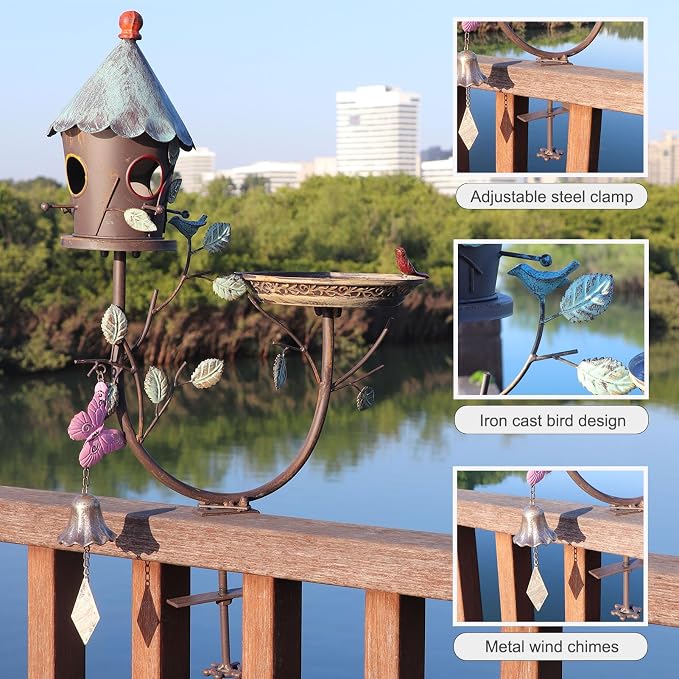 Deck Bird Bath, Metal Bird Bath and Bird Houses, Deck Mounted Bird Bath | Detachable and Adjustable Sturdy Deck Bird Bath for Outdoor Porch Yard Garden Decoration - Image 5