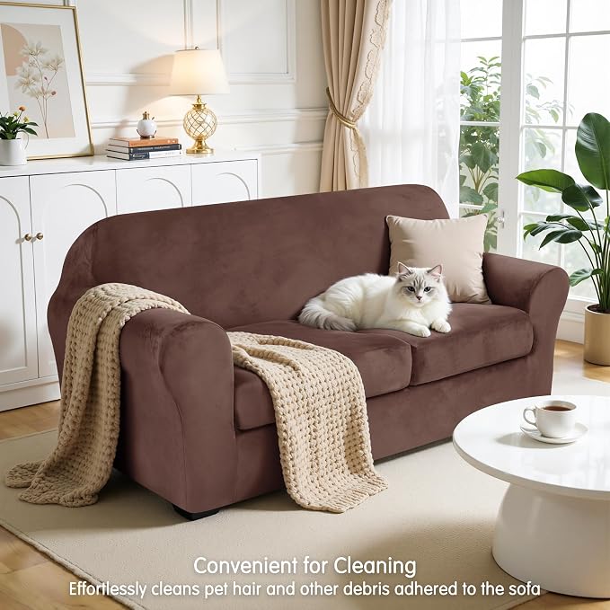 CHUN YI 3 Piece Velvet Couch Covers for 2 Cushion Couch, Water Resistant Loveseat Covers, Non Slip High Stretch Thick Furniture Protector for Dogs Pets, Medium, Brown - Image 7