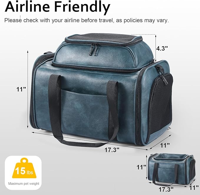 Premium Leather Top Expandable Pet Carrier for Small Dogs & Cats Under 15 lbs, Airline Approved Collapsible Soft-Sided Luxury Travel Bag Blue