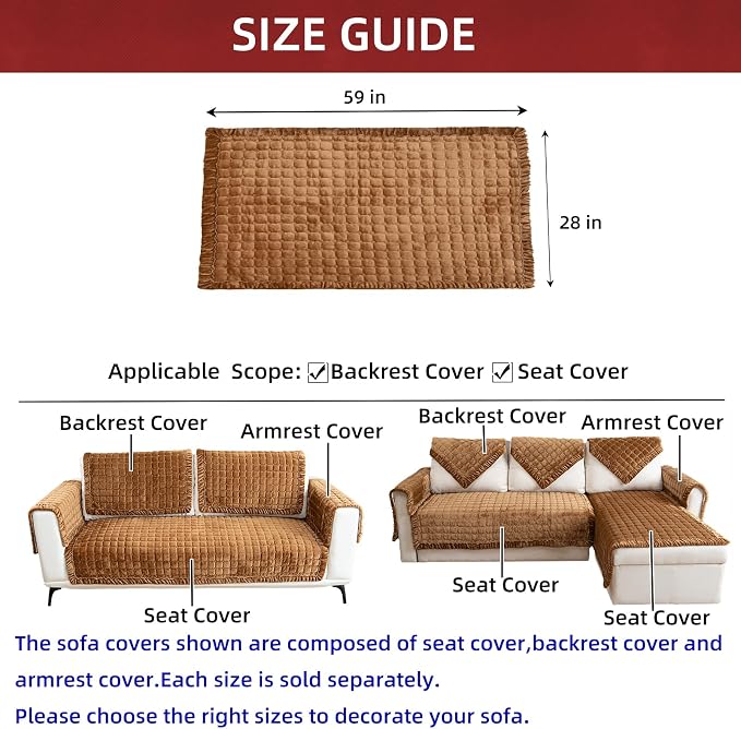 Couch Cover Sectional Couch Covers Non Slip Sofa Covers Washable for 3 Cushion Couch L Shaped Couch Protector Sofa Slipcovers for Kids Dogs Pets,Velvet,Coffee,28''x59''(Only 1 Piece) - Image 3