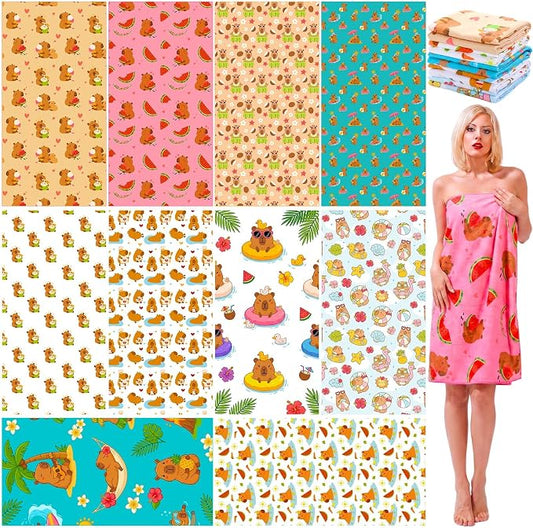 FuWeave 10 Pack Microfiber Beach Towel 28 x 55 Inch Oversized Large Thin Beach Towels for Pool Camping, Sand Free Lightweight Blanket for Women Adults Travel Swimming Sport (Capybara) by FuWeave