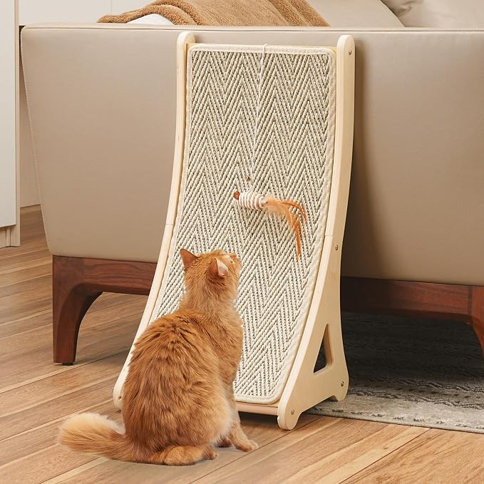 PETKARAY Curved Cat Scratcher, Sisal Kitty Scratching Ramp, L Shape Scratch Pad for Indoor Cats, 25.6" Furniture Protector with Mouse Toy, Chevron Style by PETKARAY