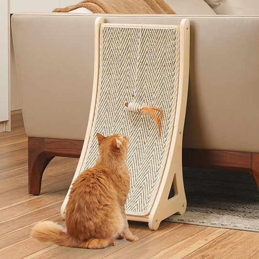PETKARAY Curved Cat Scratcher, Sisal Kitty Scratching Ramp, L Shape Scratch Pad for Indoor Cats, 25.6" Furniture Protector with Mouse Toy, Chevron Style by PETKARAY