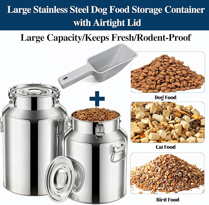 25 Lbs Stainless Steel Dog Food Storage Container with Scoop, Large Metal Dog Food Bin with Airtight Lid & Locking Clamp, Pet Food Container for Dogs & Cats, Keep Fresh, Easy to Clean - Image 2