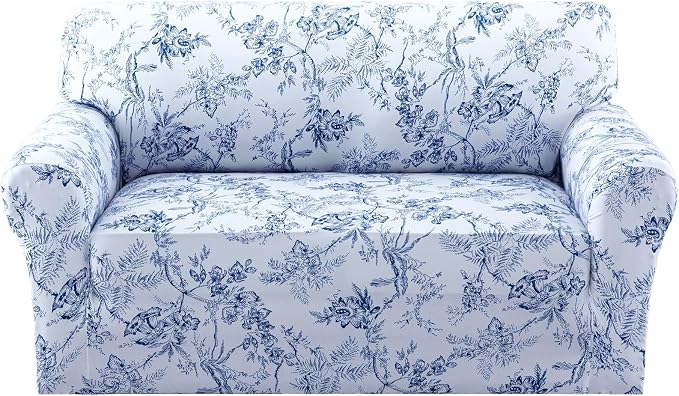 H.VERSAILTEX Floral Pattern Loveseat Cover Printed 2 Cushion Sofa Cover High Stretch Couch Covers for Sofa Super Soft Fabric Couch Protector for Dogs (Garden Bliss-Blue,Loveseat) by HVERSAILTEX