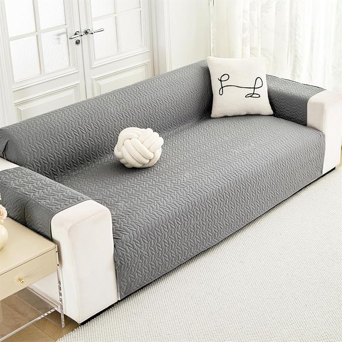 Cmfshape Skidproof Loveseat Cover-Geometrical Couch Slipcover with Elastic Straps-Easy Fit Slip Cover-Washable Furniture Protector for Pets and Kids(Loveseat46,Grey) - Image 2