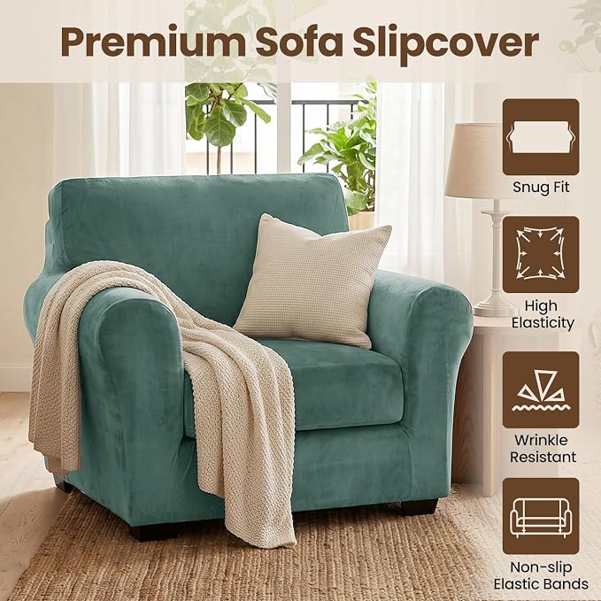 XINEAGE 2-Piece Velvet Armchair Sofa Cover,Couch Covers for Dog,Light Green | 1 Cushion Chair,Stretch Non-slip Elastic, Pet-friendly, Washable, Fast Setup, Soft Plush Fabric, Furniture Protector. - Image 2