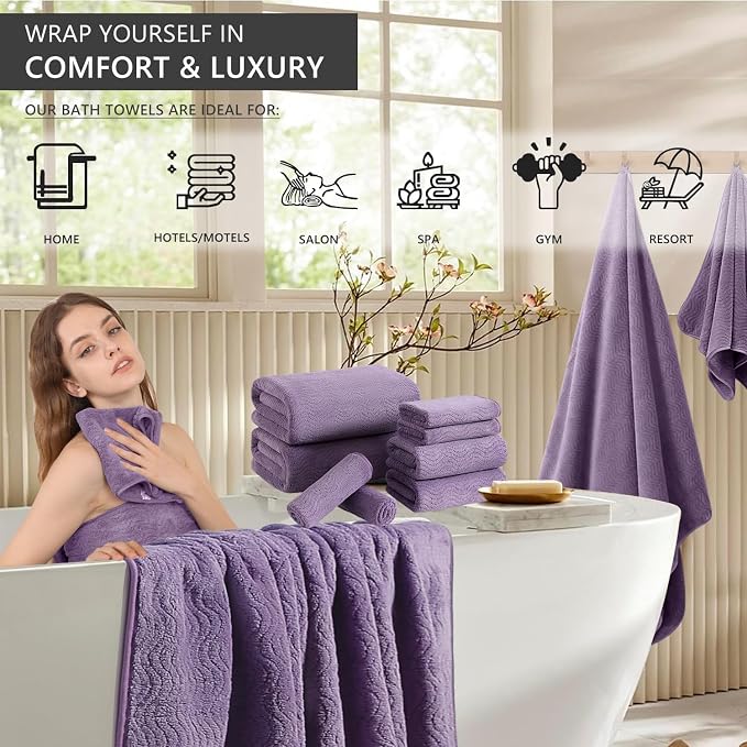 8 Piece Bath Towel Set |2 Oversized Large Bath Sheet,2 Hand Towels,4 Washcloths| Ultra Soft Cozy Bath Towel Set for Bathroom Hotel Gym Spa,Highly Absorbent Quick Dry Bathroom Towel Collections,Purple - Image 2